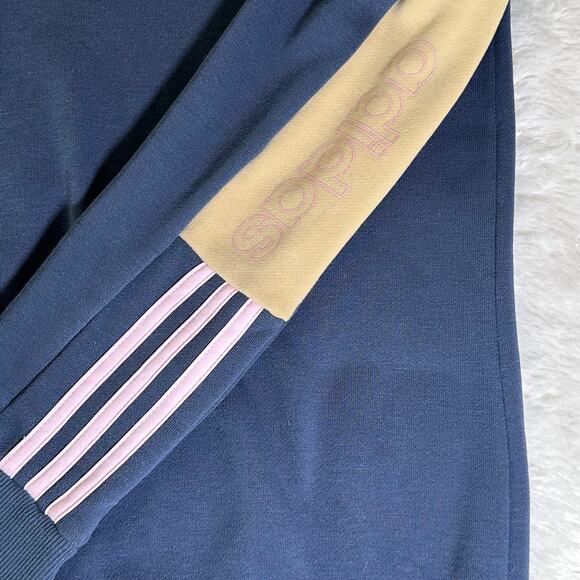 Adidas Essentials Logo Colorblock 3-Stripe Pullover Sweatshirt Women L Navy Tan - Picture 4 of 8